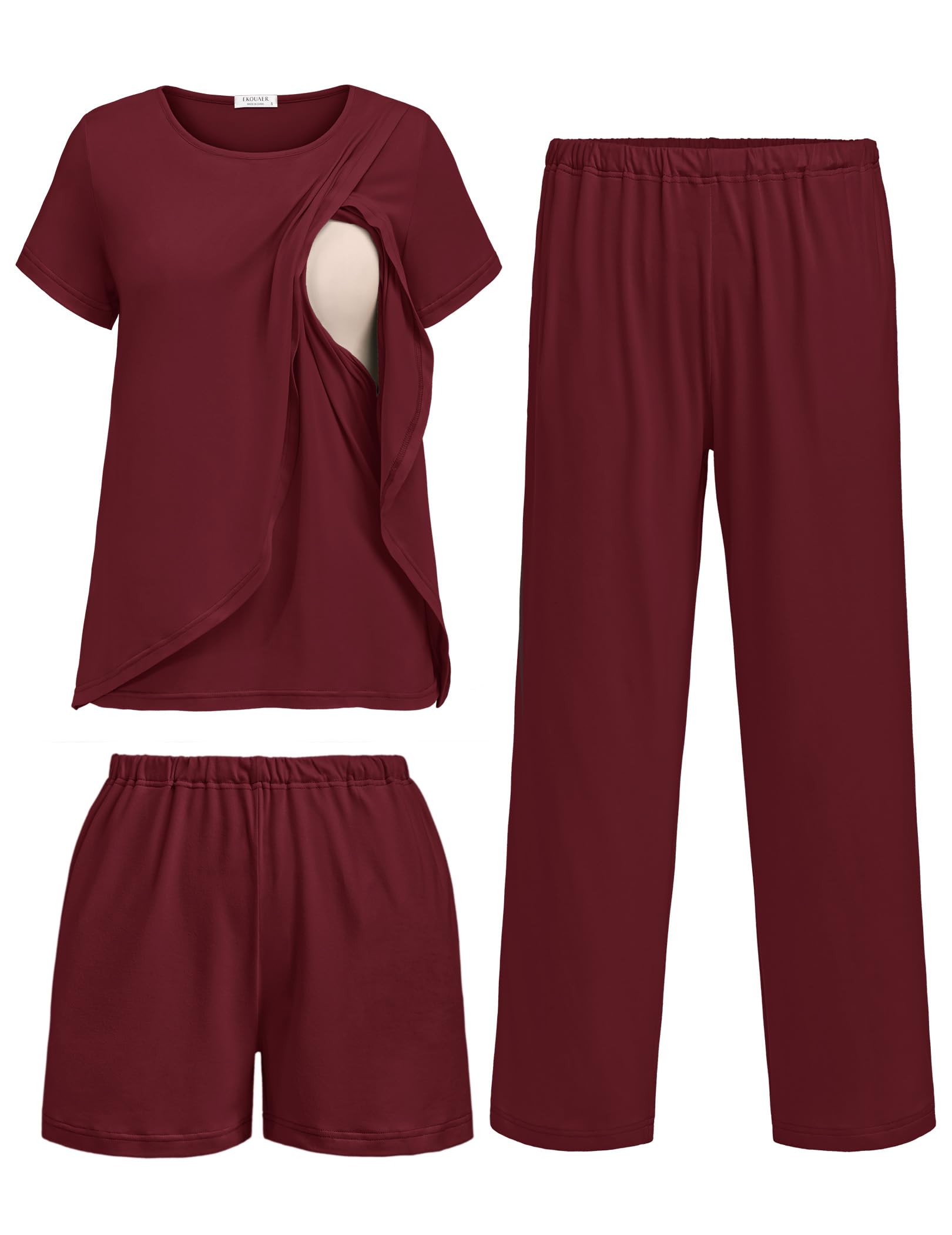 Ekouaer 3 PCS Maternity Nursing Pajamas Set Postpartum Breastfeeding PJS