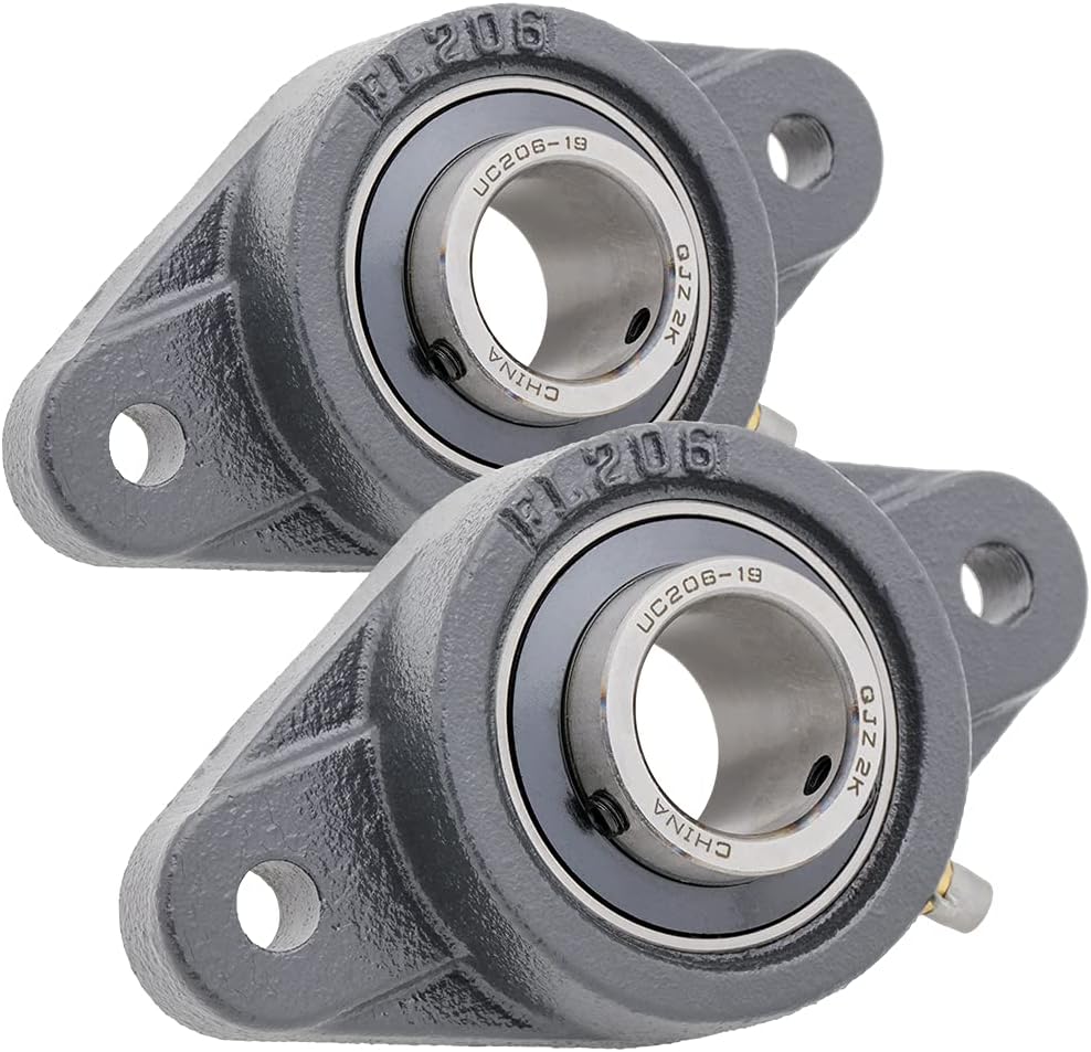 [2-Pack] UCFL206-19 - 2-Bolt Flange-Mount Ball Bearing Unit, Insert Bearing UC206-19, Cast Iron Housing FL206, Bore 1.1875", Set Screw Locking, Contact with Flinger Seal, Bolt Hole Size 11.5mm