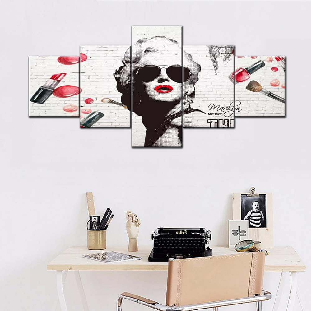 Crazy Deals Lips Wall Art Classic Movie Stars Pictures Model and Singer Painting Sexy Girl Marilyn Artwork for House 5 Panel Printed on Canvas Giclee Framed Gallery-Wrapped Ready to Hang in Bedroom(50''W x 24''H)
