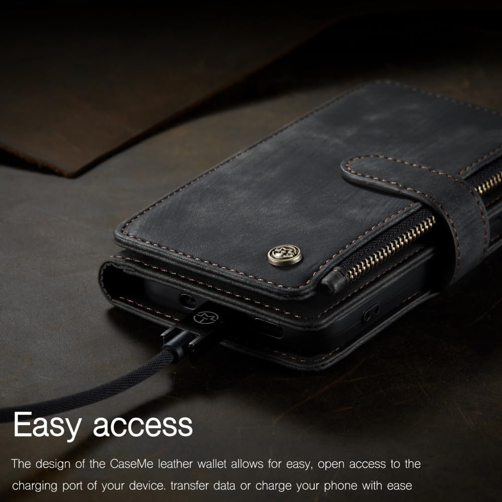 Funda tipo billetera de cuero de lujo para iPhone 15 14 13 12 Mini 11 Pro XS Max X XR Funda tipo billetera con ranura para tarjeta con cremallera para iPhone SE 7 8 Plus, negro, para iPhone 14 Pro