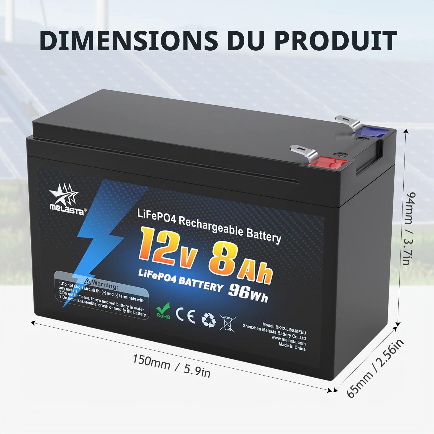 melasta 12V 8Ah LiFePO4 Batterie 2000 Cycles Profond avec Protection BMS Batterie Rechargeable pour RV Campings, Kit Photovoltaïque, Bateau, Scooter, Moteur de Remorquage, Solaire Caravan