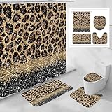 Litabel 4 Pcs Black Leopard Print Shower Curtain Set with Non-Slip Rugs, Toilet Lid Cover and Bath Mat, Wild Animal Skin Bathroom Decor Set with Shower Curtain and Rugs(Hooks Not Included)