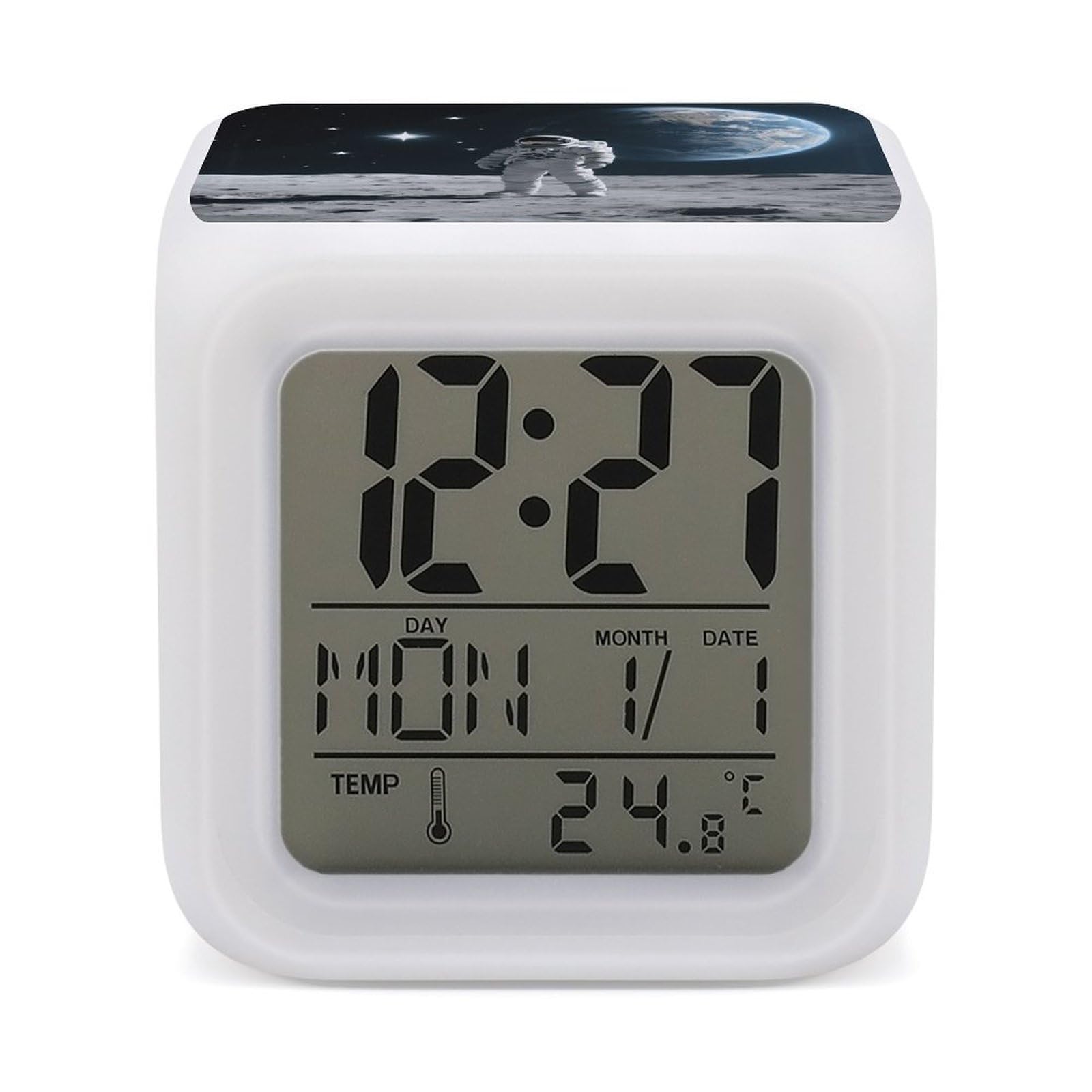 7 Color Ambient Night Light Cube Battery Operated Astronaut on Moon Digital Clock with Snooze Temperature LED Digital Alarm Clocks Dimmable Wake Up Light Portable Mood Lamp for Bedroom Desk Gift