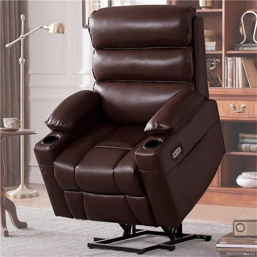 Elderly Electric Lift Recliner Chair Massage Heat Dual Motor Lift Brown PU Leather Single Sofa with Memory Electric Seat for Home Living Room