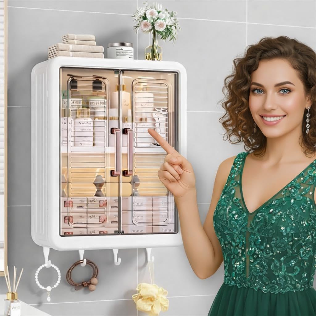 𝟑 𝐒𝐡𝐞𝐥𝐯𝐞𝐬 Multipurpose Bathroom Organiser Without Drill Plastic Wall Mounted Storage Cabinet for Kitchen and Bathroom with Shelves & Door| Organiser for, Essentials, Makeup, Skincare (White)