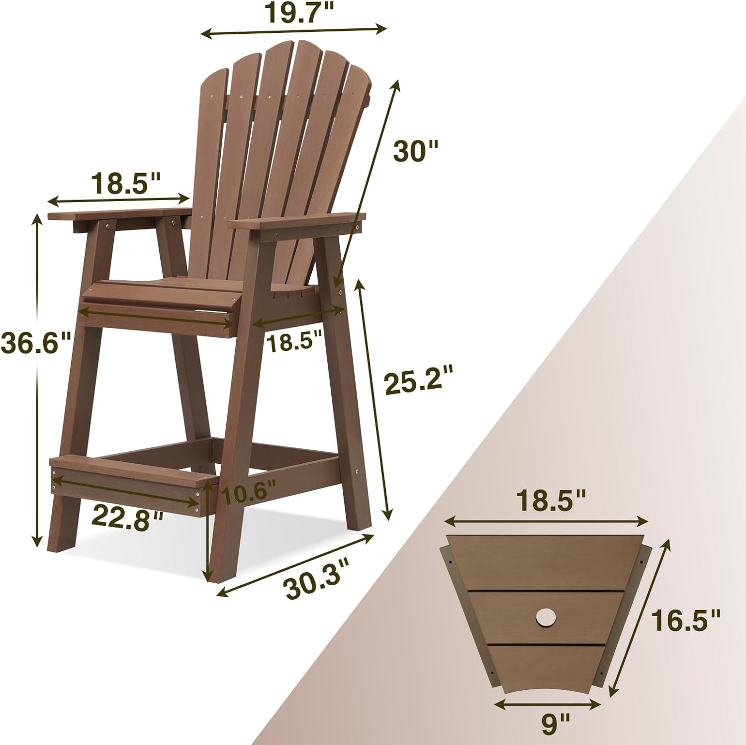 Psilvam Tall Adirondack Chair Set of 2, Poly Lumber Outdoor Bar Stools with Connecting Tray, 350Lbs Support Patio Chairs for Deck, Weather Resistant Outdoor Patio Furniture Sets (Brown)