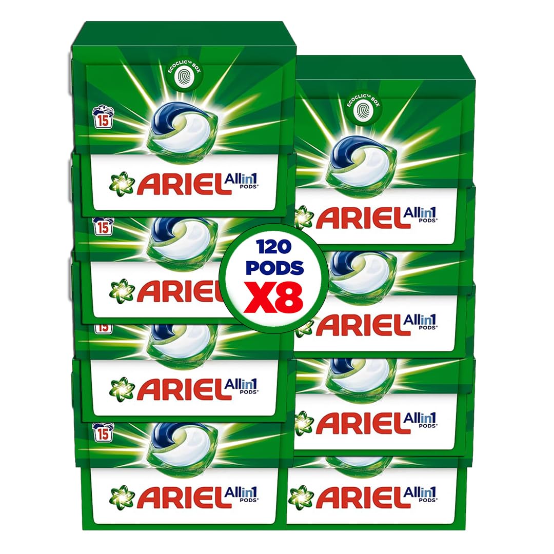 Ariel Original All-in-1 Pods, 15 Count Laundry Detergent Pods. Cleans, Lifts Stains and Brightens (Pack of 8), 120 pods