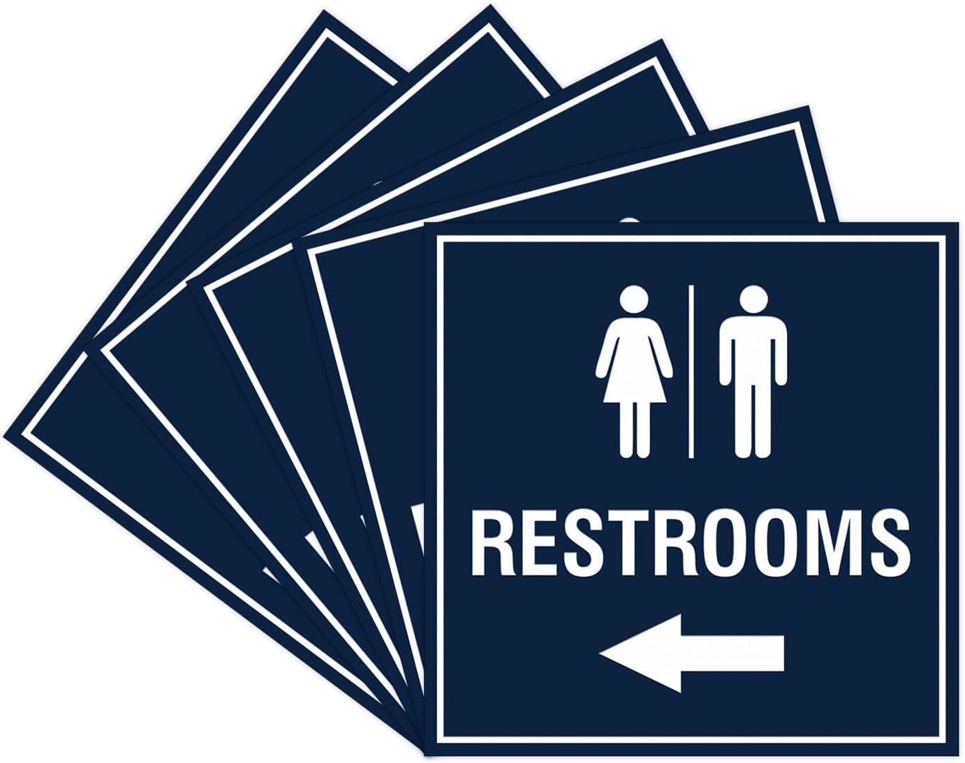 Signs ByLITA Square Restrooms left arrow Sign with Adhesive Tape (Navy Blue/White) - Large (5 Pack)