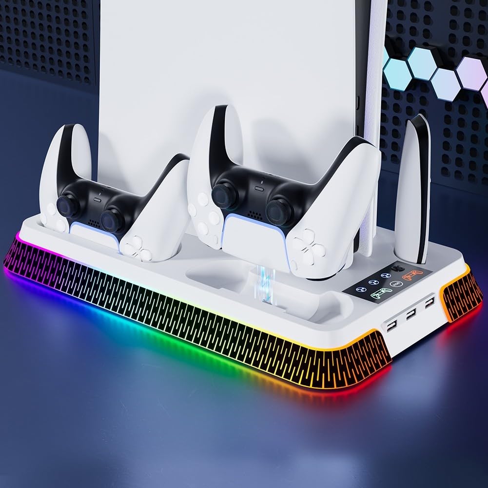 Supporto sottile e stazione di raffreddamento con controller LED stazione di ricarica per console PlayStation 5 Pro, caricatore doppio controller per PS5 Pro, ventola di raffreddamento, supporto per