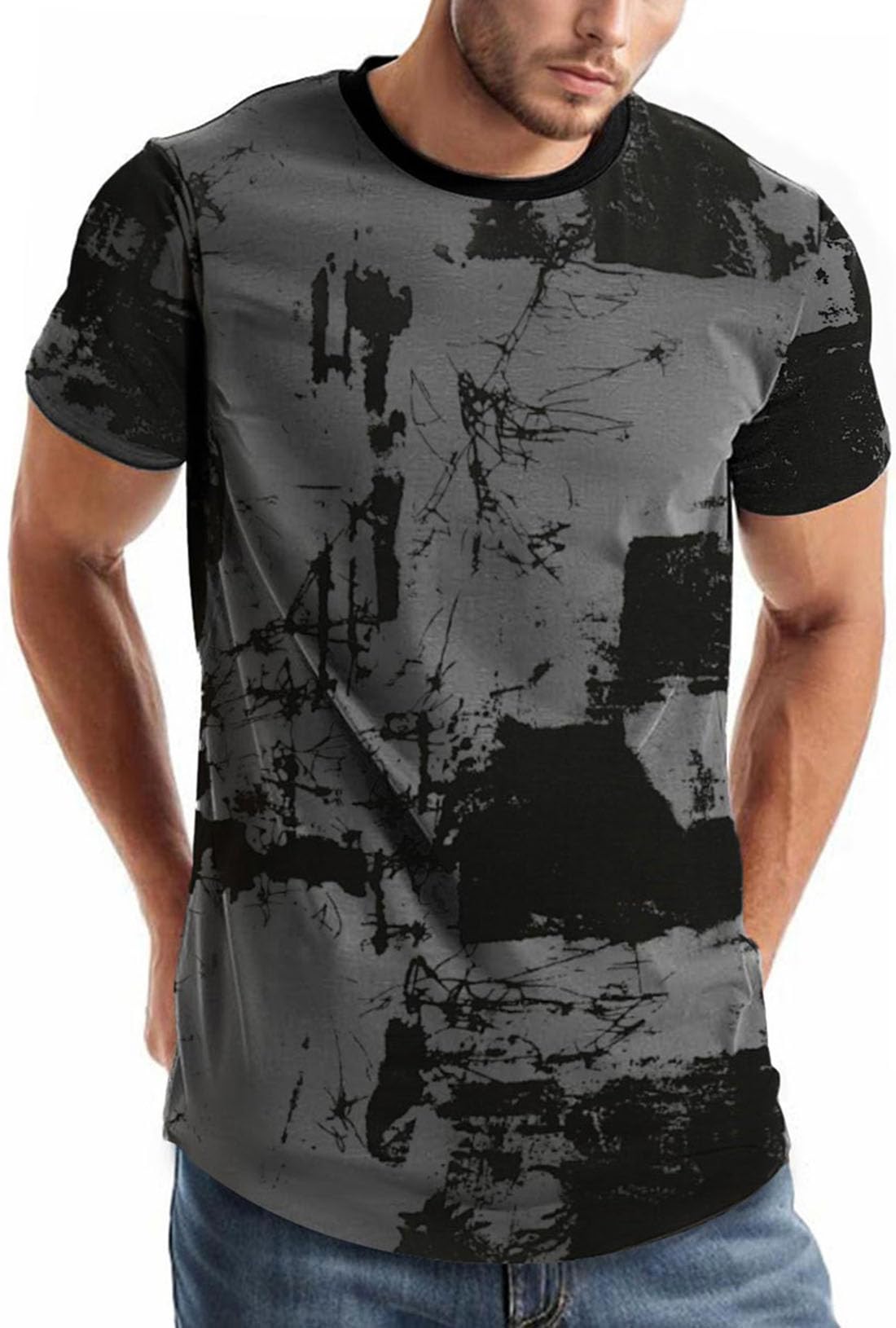 comefohome T Shirt Herren Baumwolle Sommer Kurzarm T Shirt Casual Hip Hop Graffiti Tee Tshirt Grau XXL