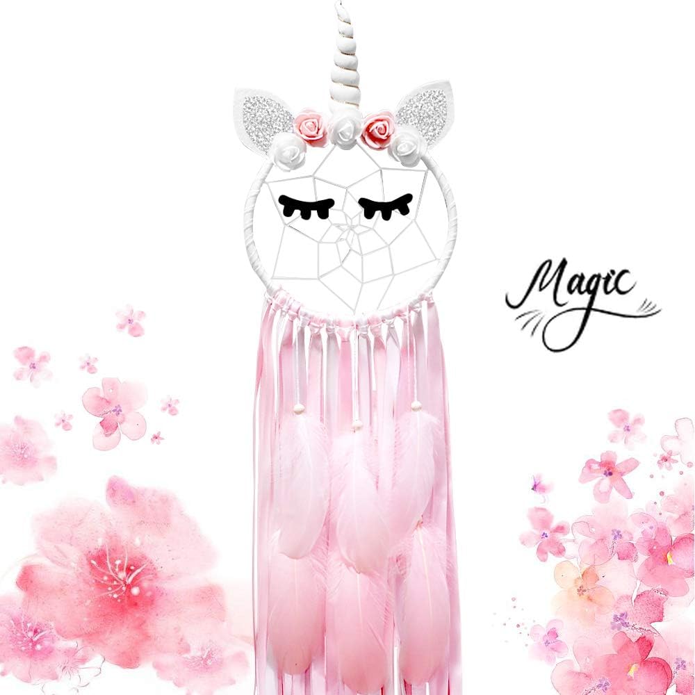 SevenFish Unicorn Dream Catchers for Girls, Handmade Pink White Feather Dream Catcher with Flowers for Kids Bedroom Wall Hanging Decor Unicorn Theme Baby Shower Birthday Party Decorations …
