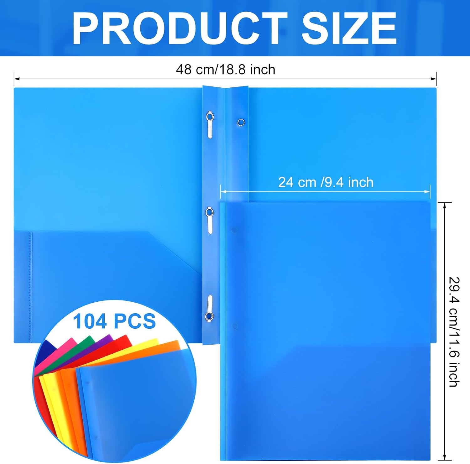 Cholemy 104 Packs Pocket Folders with Prongs Heavy Duty Plastic Folder with Business Card Slot 3 Prong Fasteners for School Office (Cute)