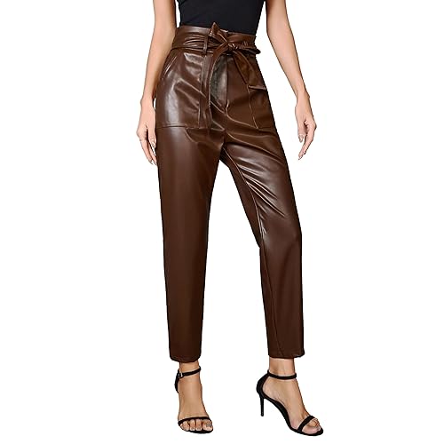 Snapklik.com : Women High Waisted Pleather Pants Skinny Dress Pants Faux  Leather Pants Dark Brown L