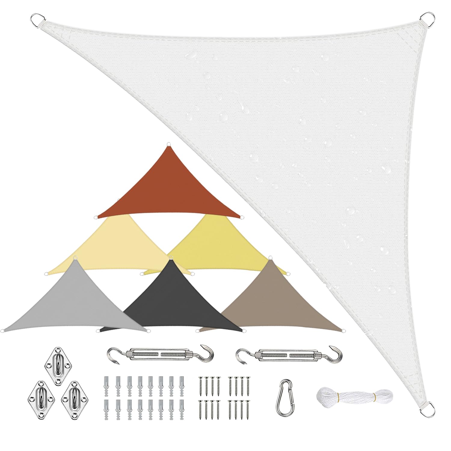 Sichtschutz Sonnensegel Wasserdicht Dreieckig, Viele Größen und Farben aus PES-Polyester 95% UV-Schutz, Witterungsbeständig, Reißfest mit Befestigungsset für Terrasse und Garten-1.6x1.6x2.3m, Weiß