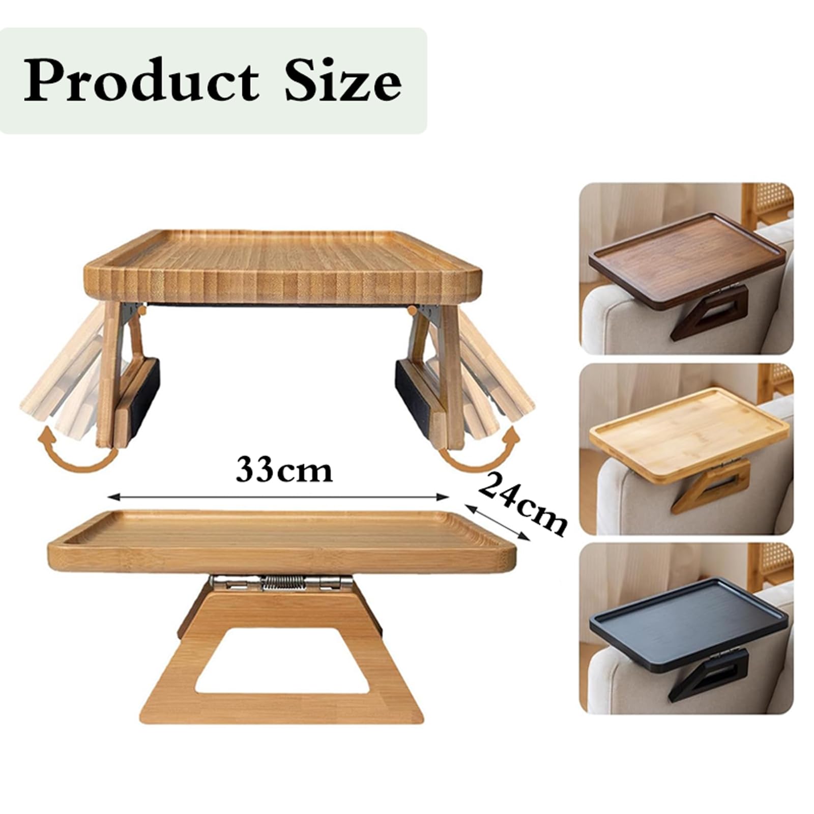 Bandeja plegable para brazo de sofá, con clip, antideslizante, soporte de madera para ahorrar espacio, con respaldo para revistas y drin (negro)
