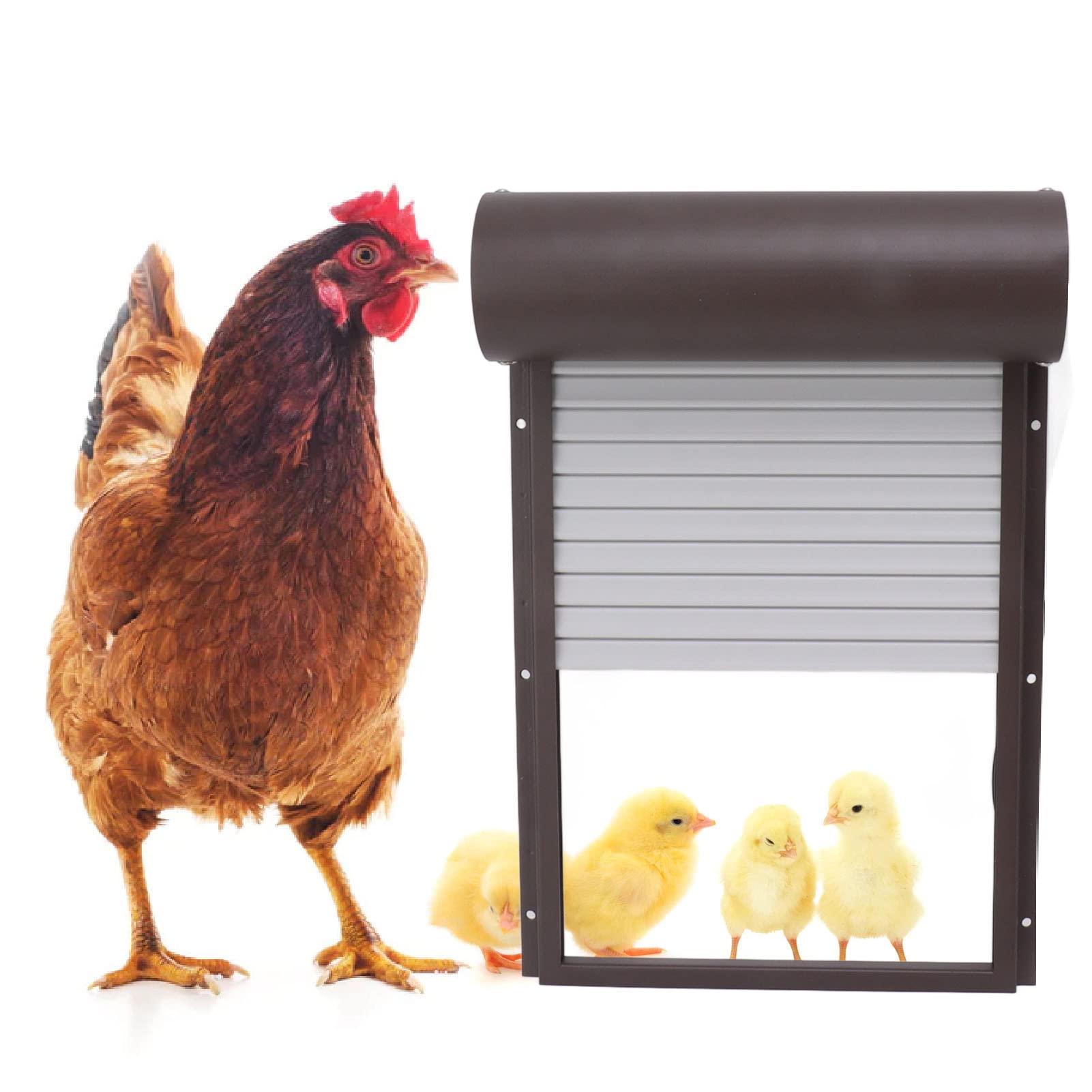 Porta Automatica per pollaio, sensore di Luce, Timer e apriporta con Telecomando, Porta per polli con tapparella Impermeabile, Adatta per pollaio (Marrone)