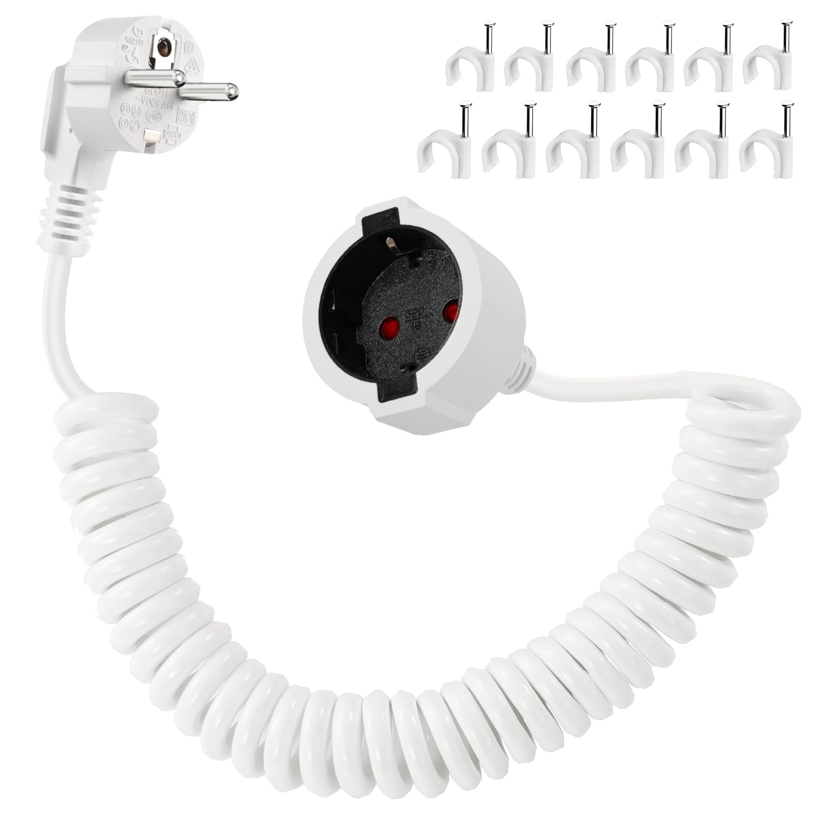 Schuko Verlängerungskabel Spiralkabel, 2m Schutzkontakt Spiralverlängerung 0,6 m auf 2m dehnbares Spiral-Kabel Stecker Verlängerung Kurz mit Kupplung 230V/16 A für Zuhause, Büro, Außenbereich, Weiß