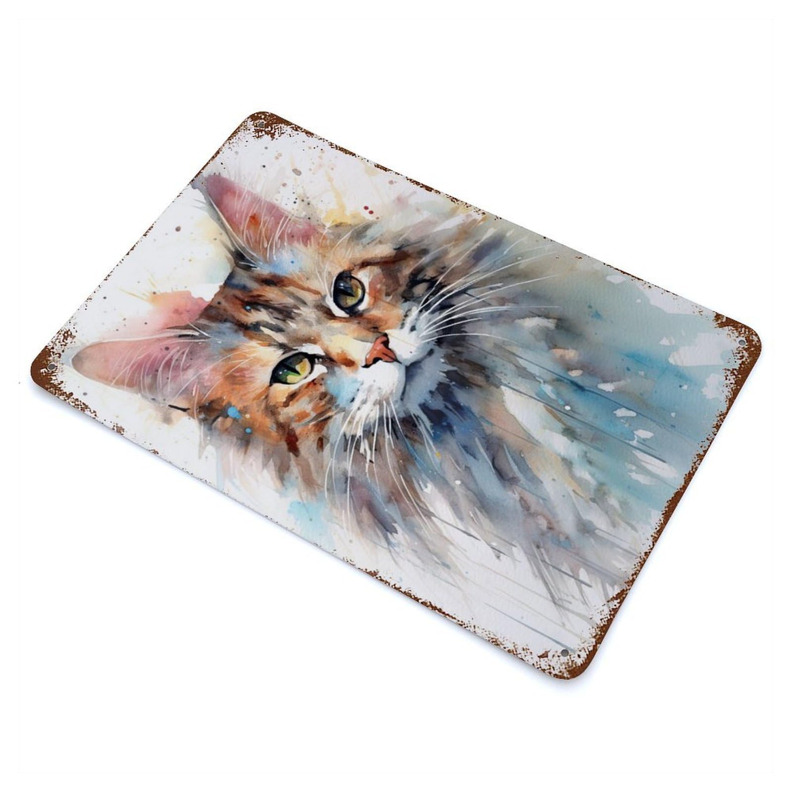 Garage Style Cat Watercolor Weathered Tin Sign 11.8"x7.9", Classic Wall Plaque for Bar And Workshop