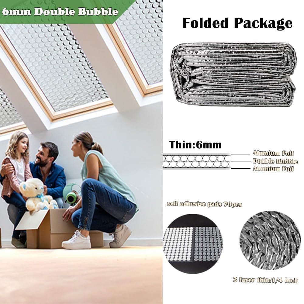 MPRAPA - Lámina reflectante de aluminio de doble burbuja, aislamiento de ventana o pared de 0.236 pulgadas para mantener el calor, reflectante, ignífugo, rollo de aislamiento térmico B2 para áticos de