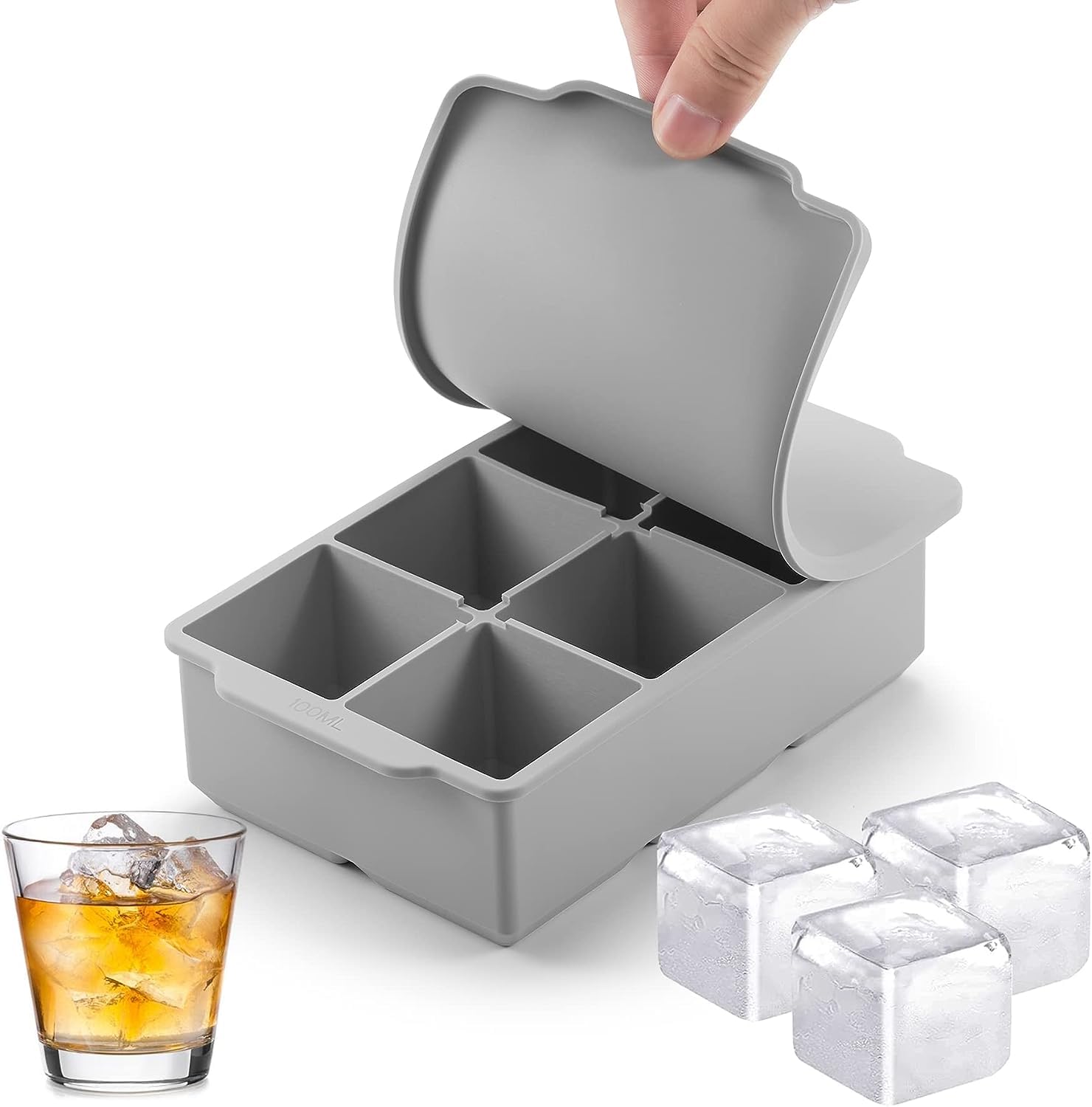 KYXhnr Large Ice Cube Tray with Lid, Stackable Big Silicone Square Ice Cube Mold for Whiskey Cocktails Bourbon Soups Frozen Treats, Easy Release BPA Free