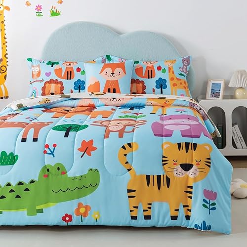 Miniatura 3 de lishjekee Juego de edredón de animales del zoológico tamaño individual para niños y niños, juego de ropa de cama de 6 piezas de animales de la selva