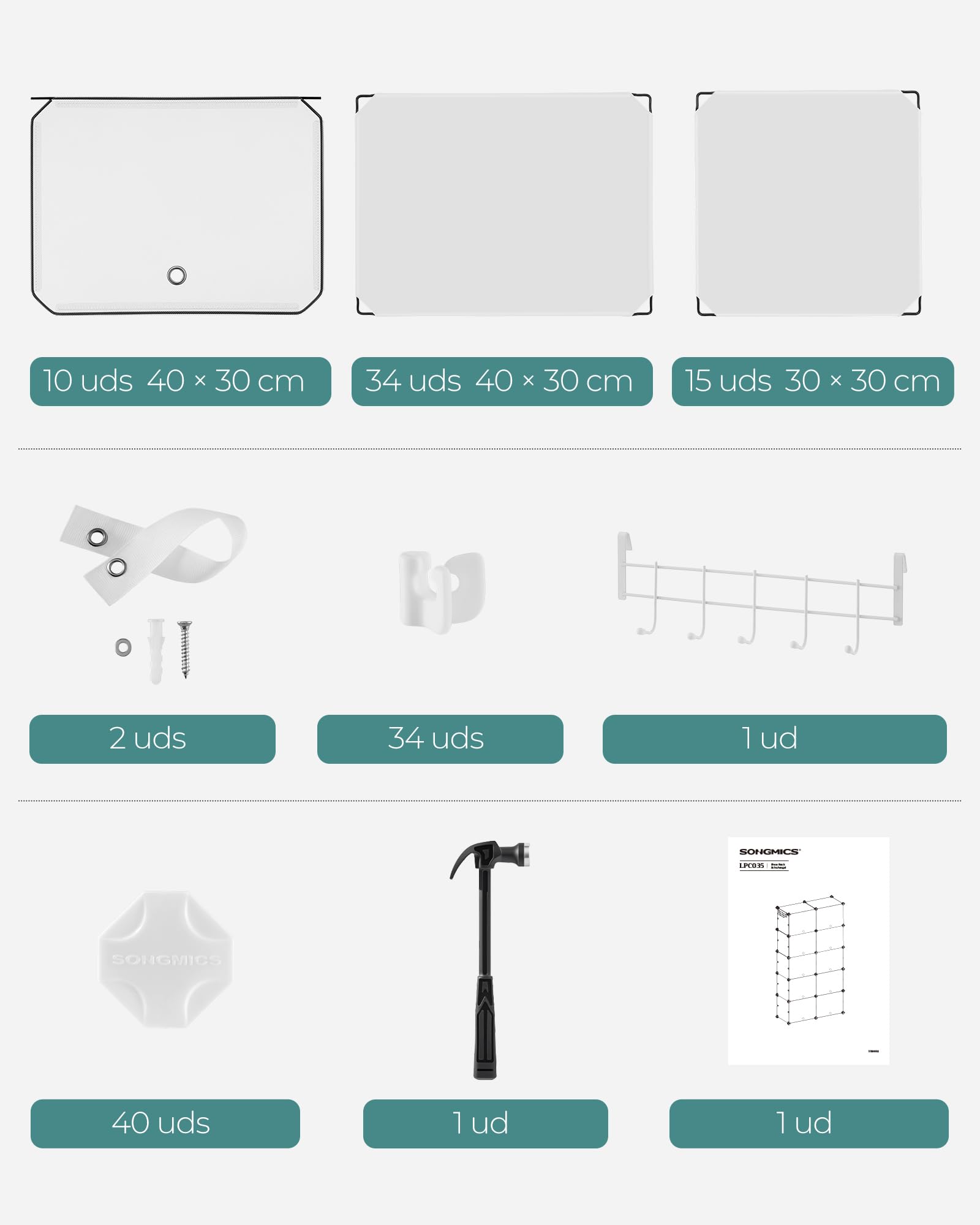 SONGMICS Mueble Zapatero Plástico, 10 Compartimentos para 40 Pares de Zapatos, con Puertas, Estructura de Acero y Estantes de Plástico, Armario para Dormitorio, Blanco Nube y Transparente LPC035W01