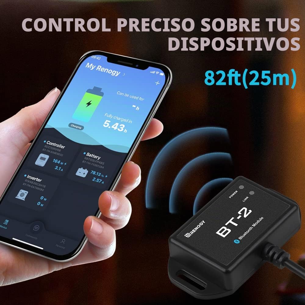 Renogy Módulo Bluetooth BT-2 con Puerto de Comunicación RJ45 Compatible con Cargador de Batería, Inversor, Batería de litio BT-2 RS485