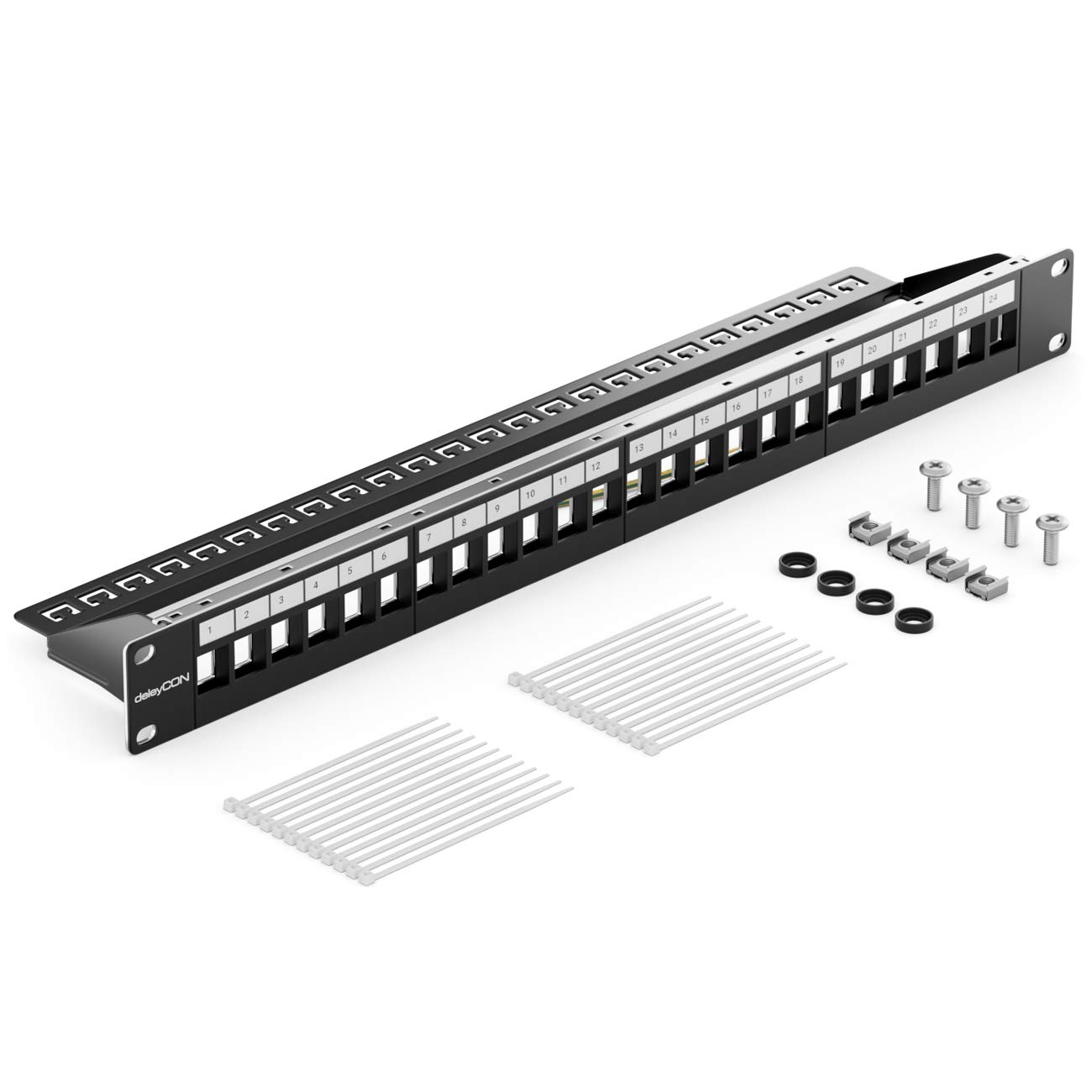 deleyCON 24 Port Patchpanel Patchfeld Modular für Keystone Module 1 HE 19" Zoll Rackeinbau Kompatibel CAT5 CAT6 CAT7 CAT8 LAN Netzwerk Verlegekabel Schwarz