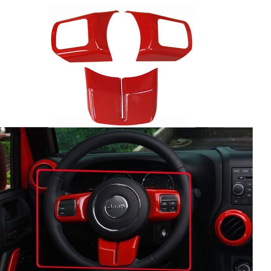 jiading 3pc/set ABS Chrome Steering Wheel Cover Fit for Jeep wrangler Sahara 2011-2017 (Red)