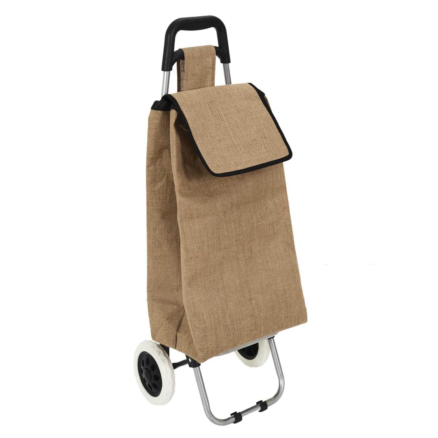 SH0012, Carrello della spesa 2 Ruote in juta, robusto e duraturo, ottimizza lo spazio di stoccaggio, tasca integrata, altezza ergonomica di 95 cm, mobilità su diverse superfici