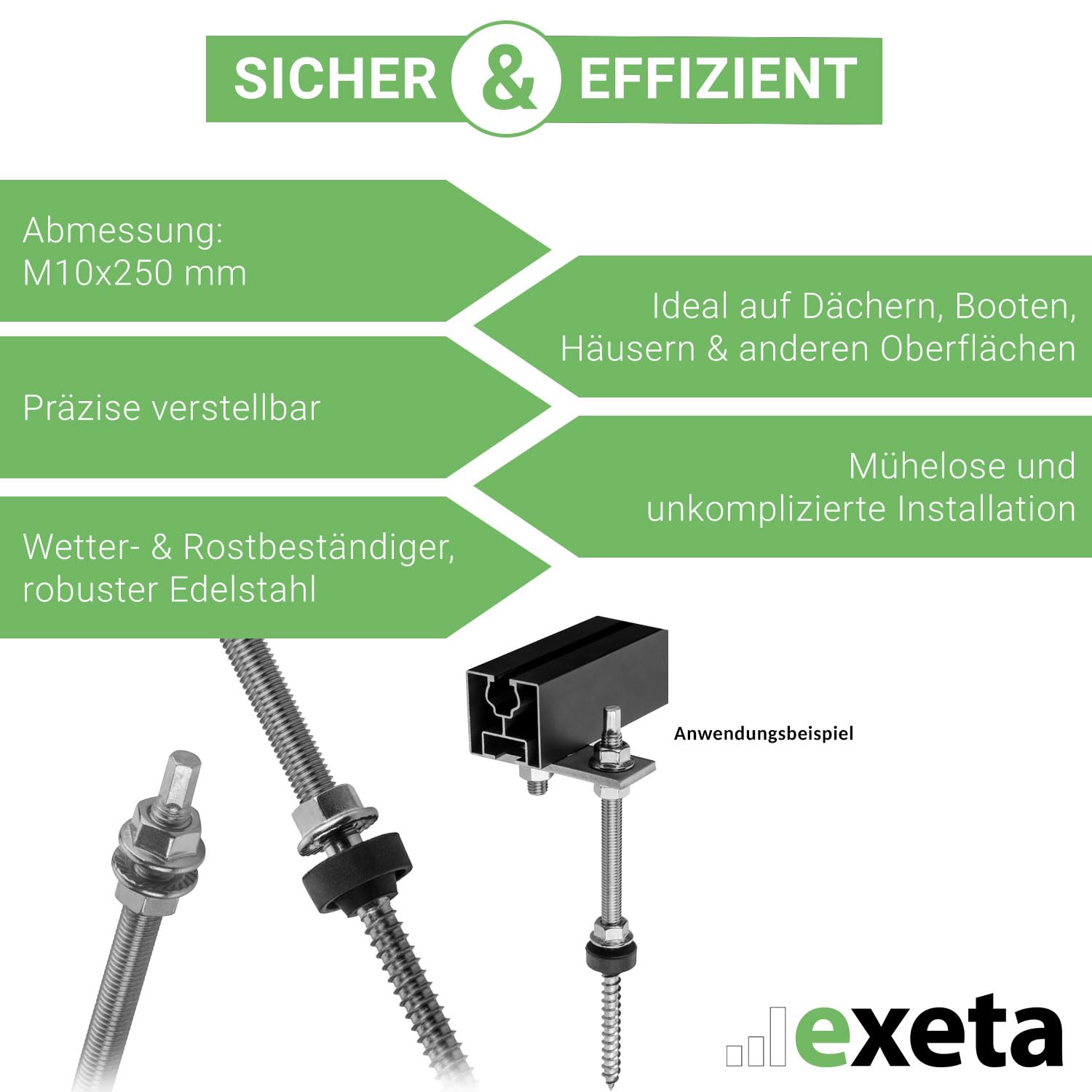 10 Stockschrauben mit Adapterplatten m10 x 250mm aus Edelstahl - Für PV Anlage - Zur Befestigung von Solarpanelen