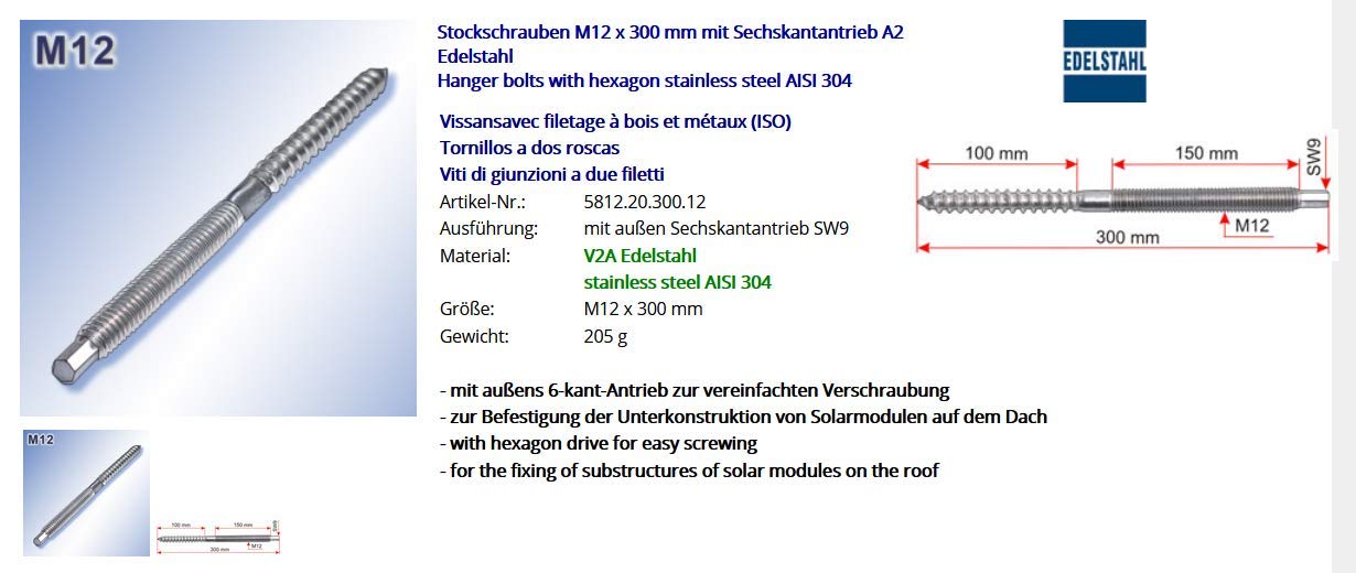Śruby trzpieniowe M12 x 300 mm z gniazdem sześciokątnym A2 stal szlachetna 10 sztuk