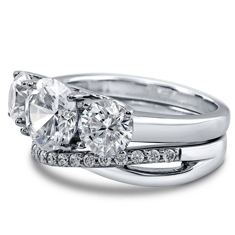 Juego de anillos de compromiso de boda de plata de ley con 3 piedras, 2 quilates, corte redondo, circonita cúbica, infinito, para mujer, chapado en rodio, Plata de ley Circonia cúbica 3