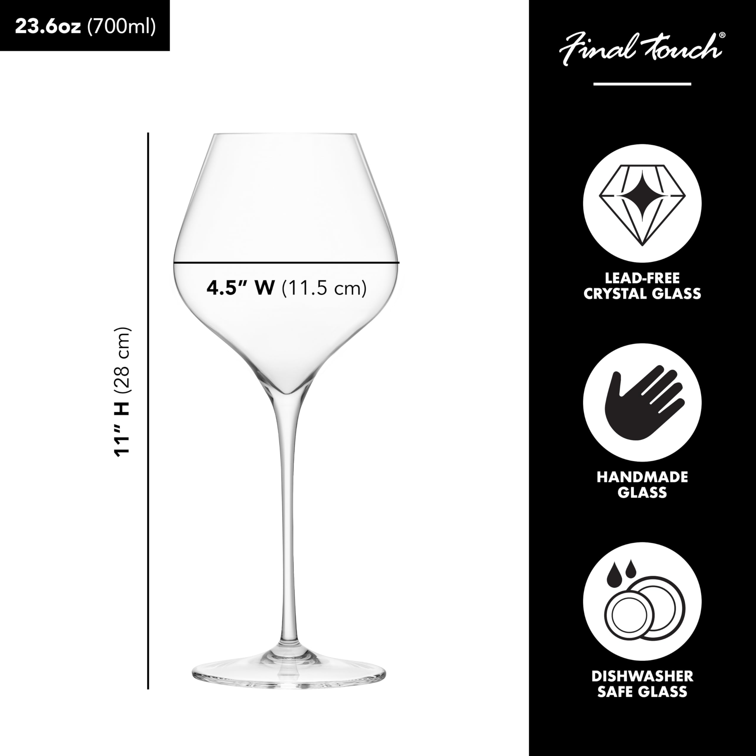 Final Touch, Calici da vino in cristallo per Borgogna, 100% senza piombo, in DuraShield rinforzato in titanio per una maggiore resistenza, altezza: 28 cm, capacità: 700 ml, confezione da 2