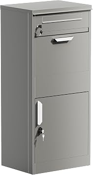 Wiltec Parcel Box Grey 50 x 37 x 112 cm Spacious Post Box for Home, Freestanding Mailbox, Lockable Outdoor Letterbox, Delivery Drop Box