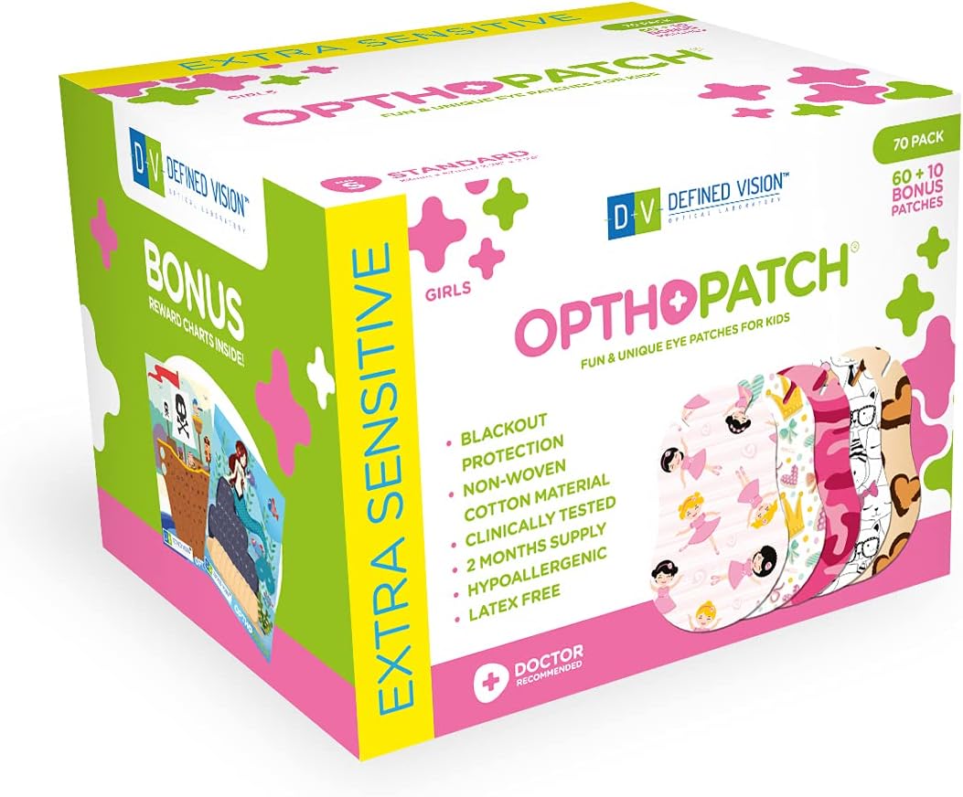 Kids Eye Patches - Fun Girls Design [Series I] - 60 + 10 Bonus Latex Free Hypoallergenic Cotton Adhesive Bandages for Amblyopia and Cross Eye - 3 Reward Chart Posters by Defined Vision
