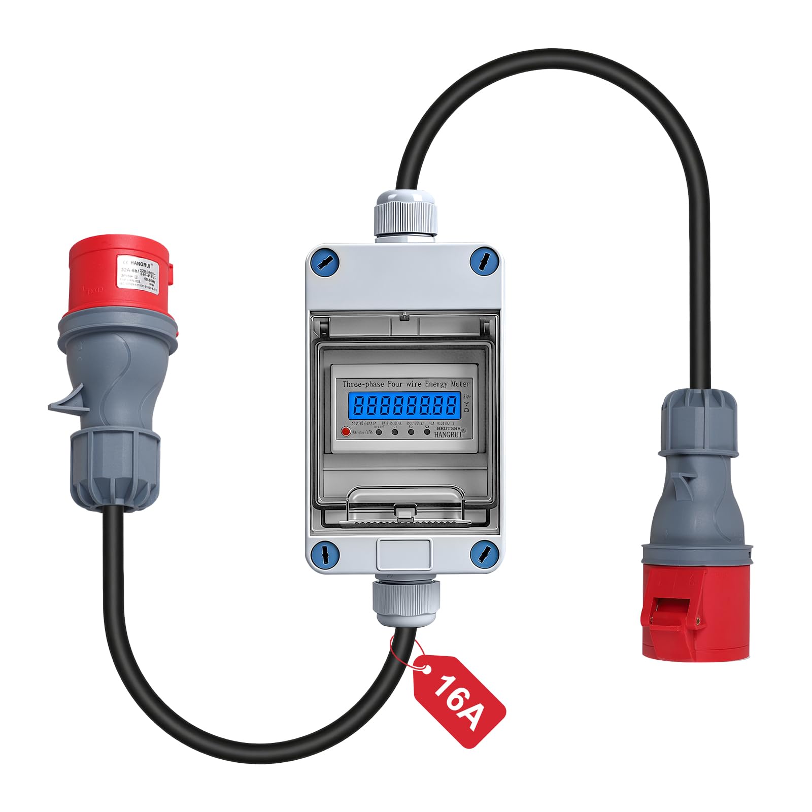 CPROSP Contador Eléctrico Trifásico Móvil 16A 400V, Contador Digital | Cable de 3 m; para Caravana, Vehículos Eléctricos, Camping; IP65; con Enchufe y Acoplamiento CEE