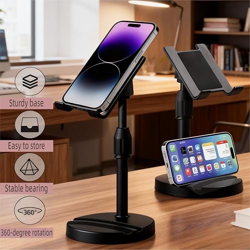 Miniatura 4 de Adjustable Phone Stand Holder, Desktop Cell Phone Mount with Heavy Base, Height Angle Adjustable, Black