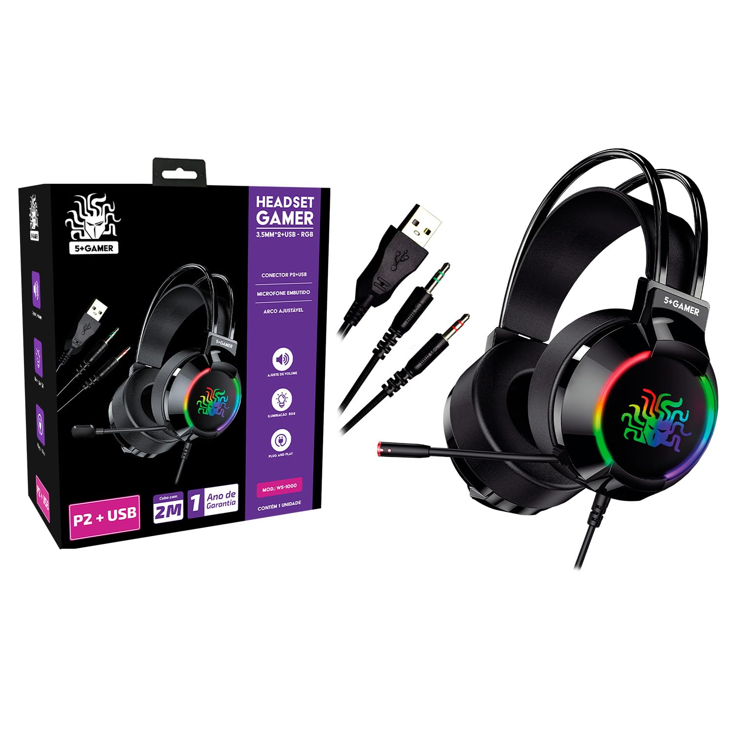Headset Fone Gamer 2.1 Led RGB 5+ Gamer P2+USB W5-1000