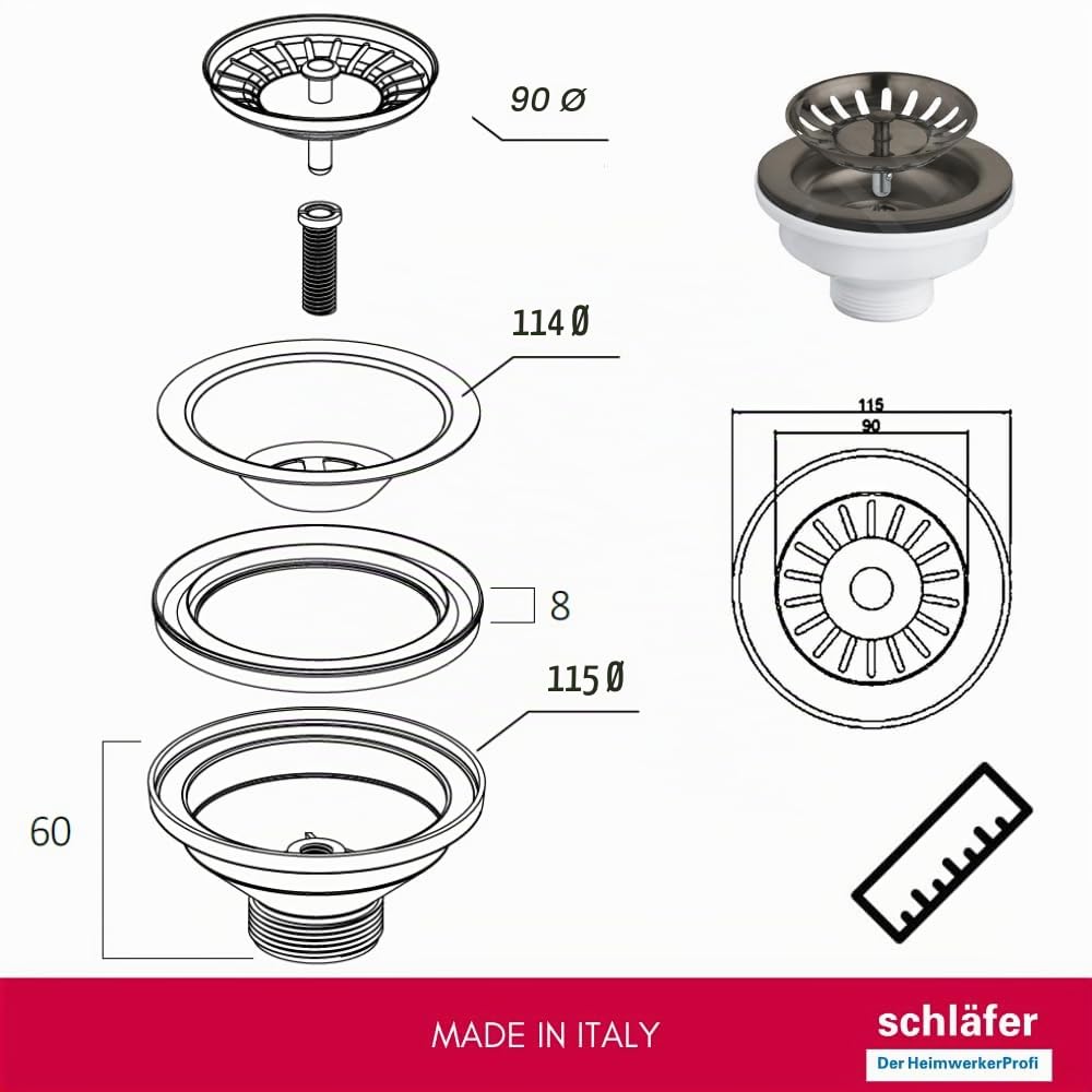 Schläfer 439727 | Piletta di Scarico per Lavabo Bagno Tipo Basket in PVD Nero, Senza Troppo Pieno, con Attacco da 1"1/2 e Foro da Ø 90mm, Pilettone Ø 114mm, Piletta con Vite e Cestello