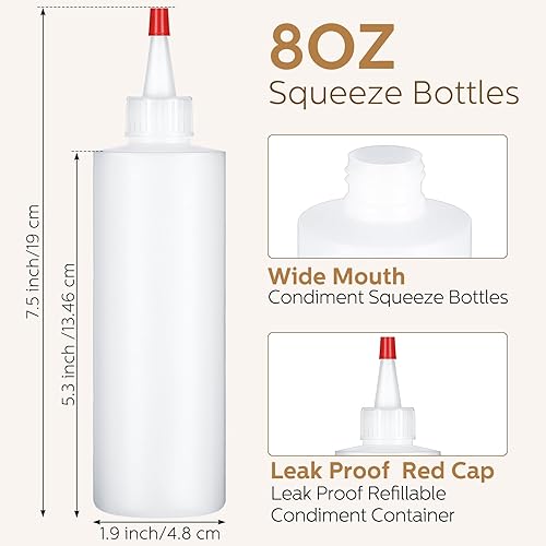 Miniatura 2 de Jinei Paquete de 60 botellas de plástico de 8 onzas, botellas transparentes para exprimir condimentos con tapa de punta roja, recipiente vacío para