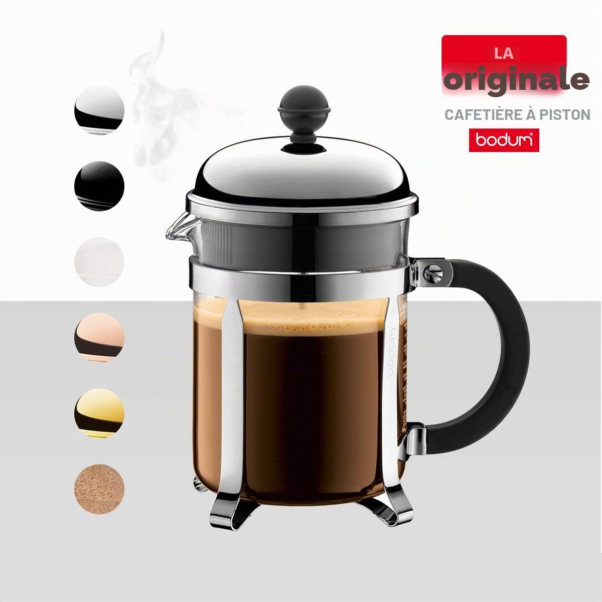 Bodum - 1924-16 - CHAMBORD - Cafetière à Piston - 4 Tasses - 0.5 L & 1508-10 Remplacement de la presse Française Gobelet en Verre de 8 Tasses, Transparent, 1 L - 9,6 cm de Diamètre, H 18 cm
