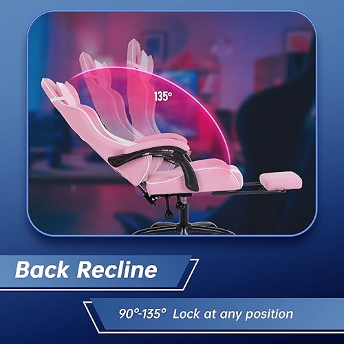 Miniatura 29 de Silla de oficina para videojuegos, silla de escritorio con reposapiés, soporte lumbar, reposacabezas y reposabrazos, giratoria, ergonómica, para