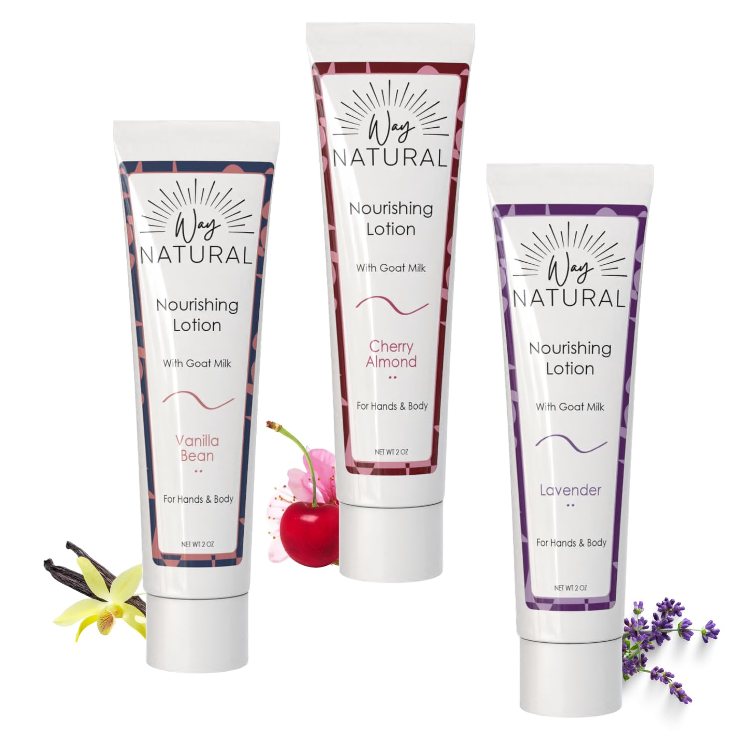Nourishing Goat Milk Lotion, Variety - Body & Hand Lotion Set - Dry Skin Relief, USA Made - Goat Milk Hand Cream for Women & Men - Lavender, Cherry Almond, Vanilla Bean - 3 (2oz) Tubes