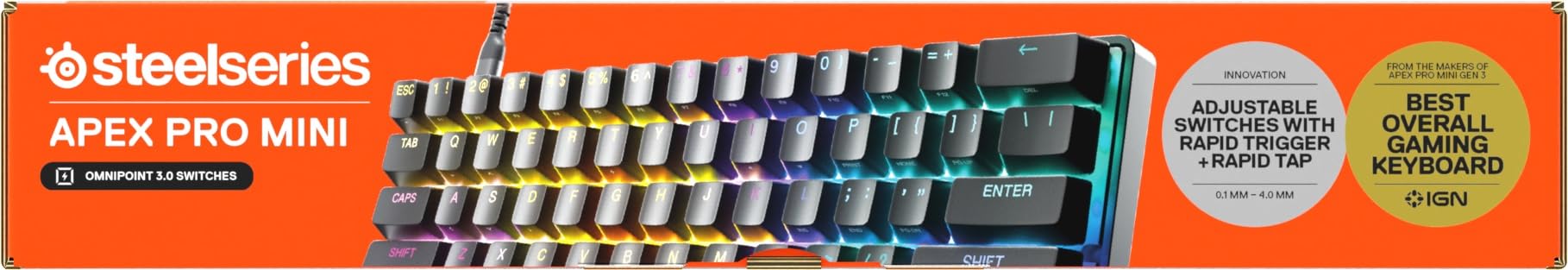 SteelSeries Apex Pro Mini Gen 3 con Switch HyperMagnetic OmniPoint 3.0 - Attuazione regolabile - Rapid Trigger - Preset di gioco - Protection Mode - Rapid Tap/SOCD - RGB -Copritasti in PBT - UK QWERTY