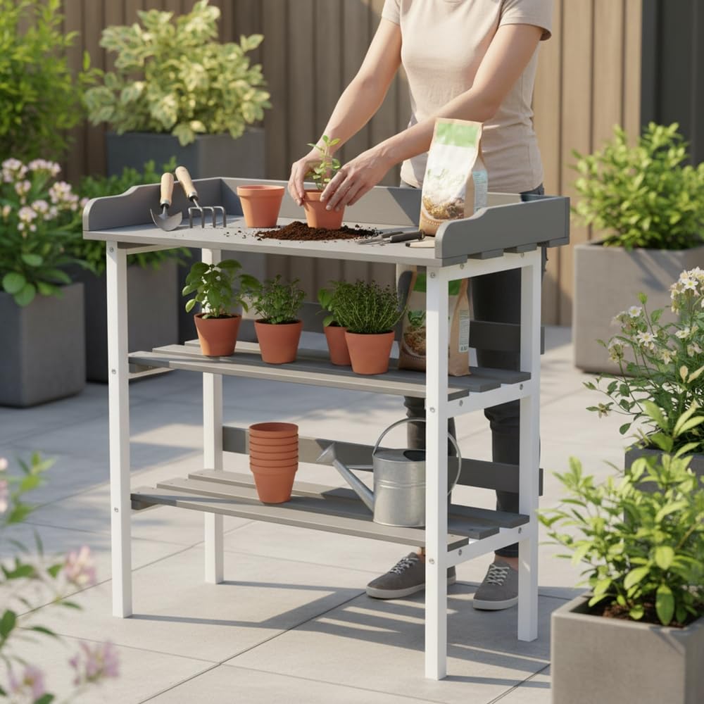Mucola Pflanztisch Gartenarbeitstisch verzinkte Arbeitsplatte 84x78x38 cm | Gärtnertisch aus Fichtenholz, 2 Ablageböden und 3 Haken, Grau Weiß, für Balkon, Terrasse und Gewächshaus, Lieferung zerlegt