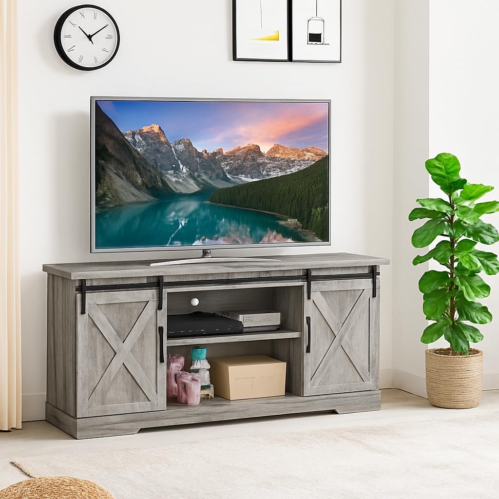 Jojoka Farmhouse TV Stand for Televisions Up to 65 Inches, Modern Entertainment Center with Sliding Barn Door and Adjustable Shelves,Wood TV Media Console Storage TV Cabinet for Living Room,White