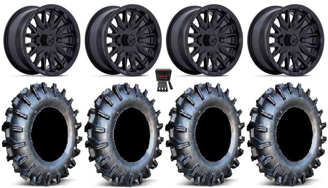 Bundle - 9 Items: MSA Creed 16" Wheels Black 34" MotoBoss Tires [4x137 Bolt Pattern 12mmx1.5 Lug Kit]