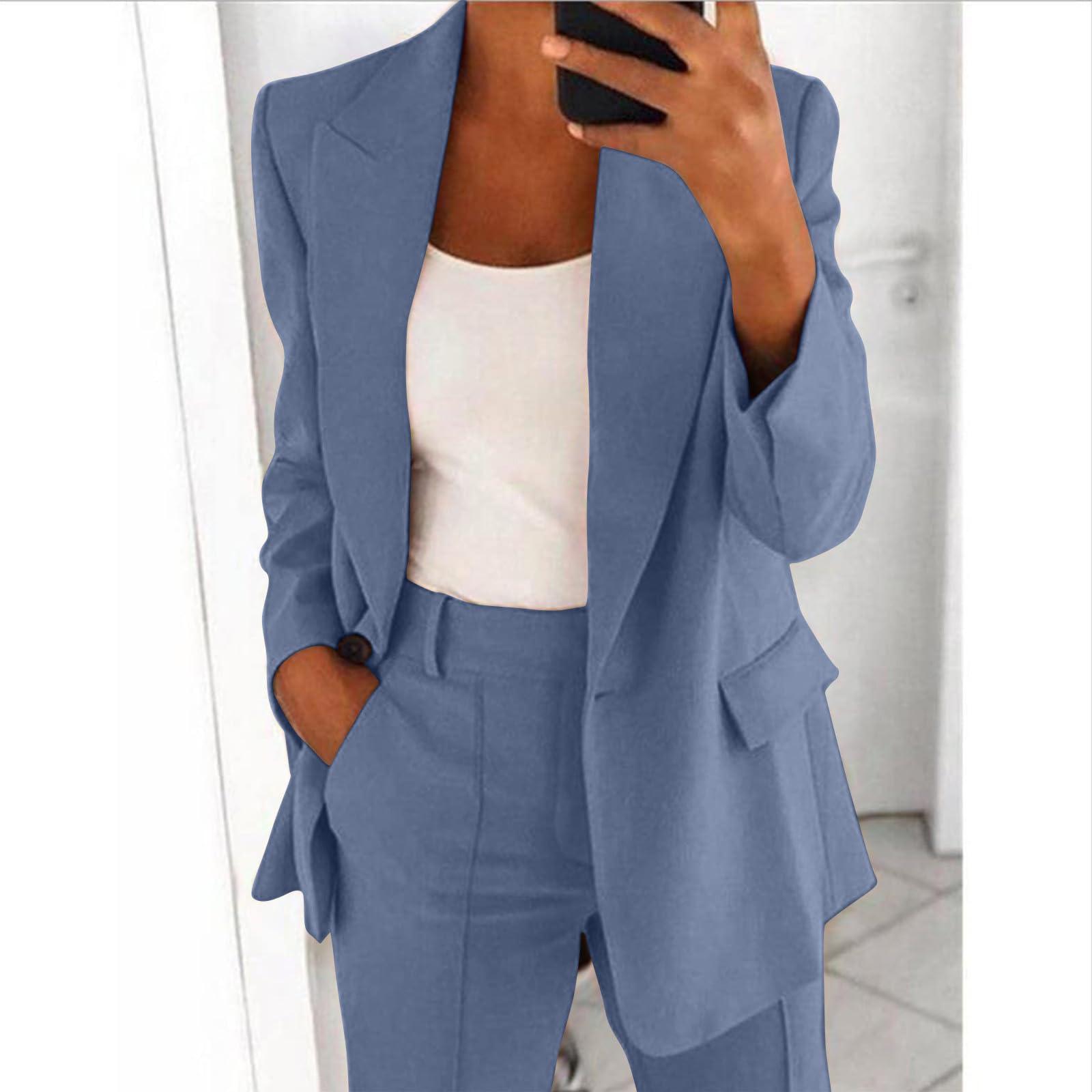 2025 Hosenanzug Damen Elegant 2 Teilig Hosenanzug Langarm Business Anzug Set Zweiteiler Einfarbig Blazer Hose Festlich Lange Hosenanzüge Sportlich Slimfit Streetwear Frauen Baumwolle Freizeitanzug