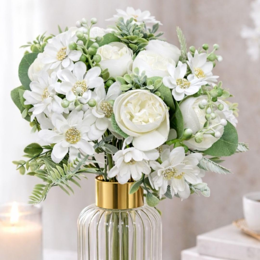 SATYAM KRAFT 1 Pcs Artificial Peony Rose Flower Bouquet Bunch for Home Decor, Office, Bedroom, Balcony, Table Display, Wedding Decoration (Without Vase Pot) (1, White)